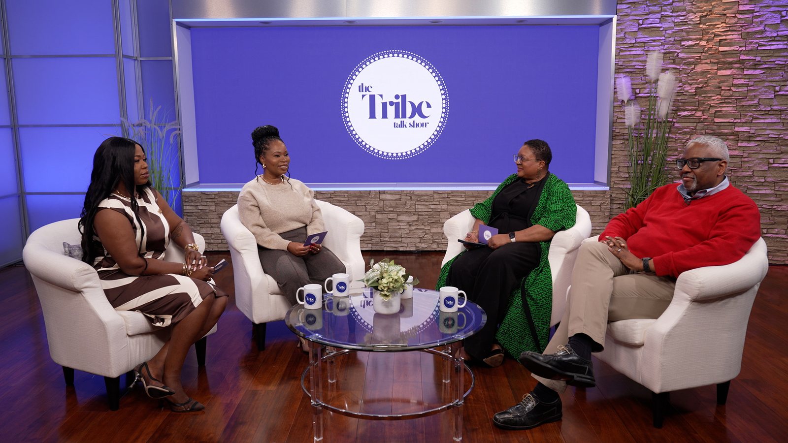 Four participants recording a branded multi-guest video podcast